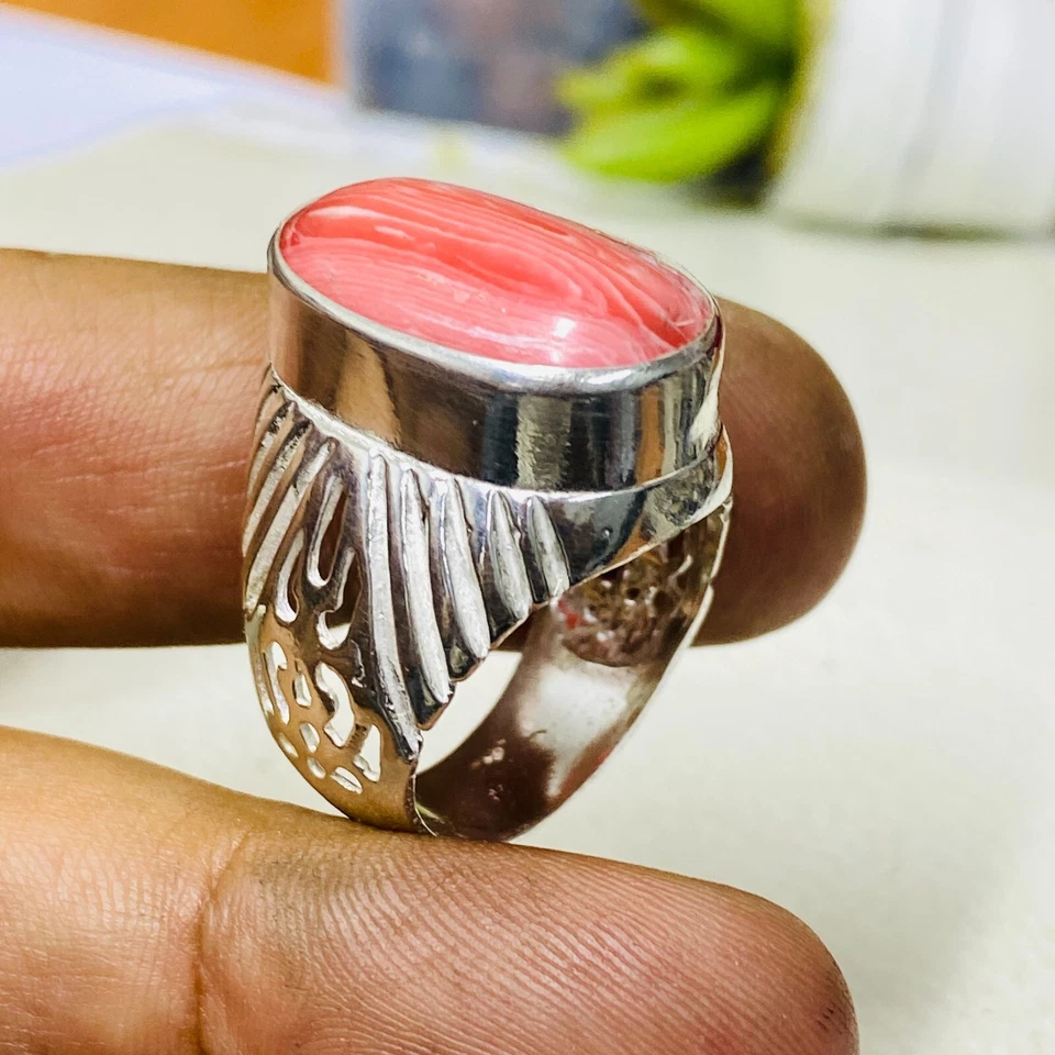 Red Coral Sterling Silver Men's Ring Natural Gemstone Unique Handmade Jewelry - Image 2 of 4
