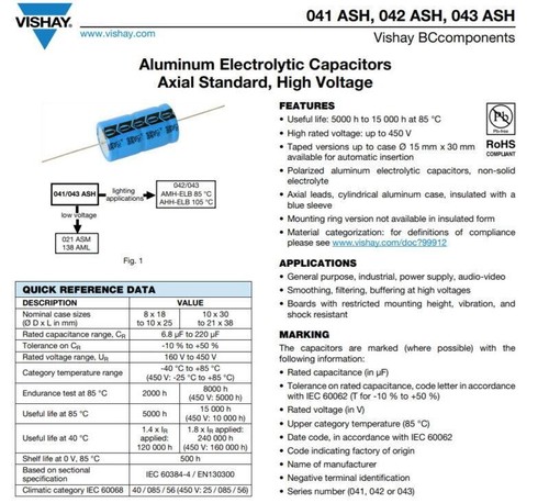 1pcs-VISHAY BC (PHILIPS) 042 ASH 33uF (33µF) 450V Axial Capacitor - 18x30mm - Picture 2 of 2