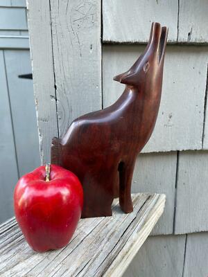 8.75'' Polished Hand Carved Modernist Teak Wood Howling Coyote Statue Vintage