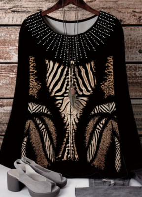 Boho-Chic Plus-Size V-Ausschnitt T-Shirt für Damen - Dehnbarer Ethno-Druck, Lang