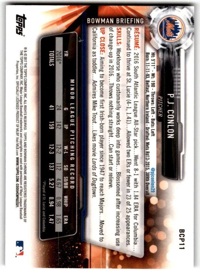 2017 Bowman Chrome Prospects P.J. Conlon #BCP11 New York Mets - Image 2 of 2