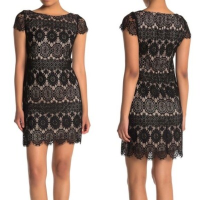 Eliza J Cap Sleeve Lace Shift Dress (Petite) Black Tan At Nordstrom Rack