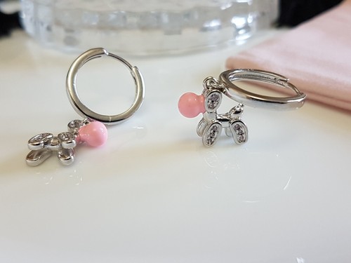 925 Silver Pink Enamel Baloon Dog Hoop Earrings with Sparkling CZ Zirconia •A282 - Picture 11 of 14