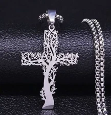Tree Of Life Cross Pendant Necklace Stainless Steel Men Silver Christian Jesus 