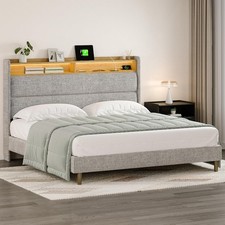 King Size Bed Frame with Bookcase Storage Headboard Charging Station  LED Light