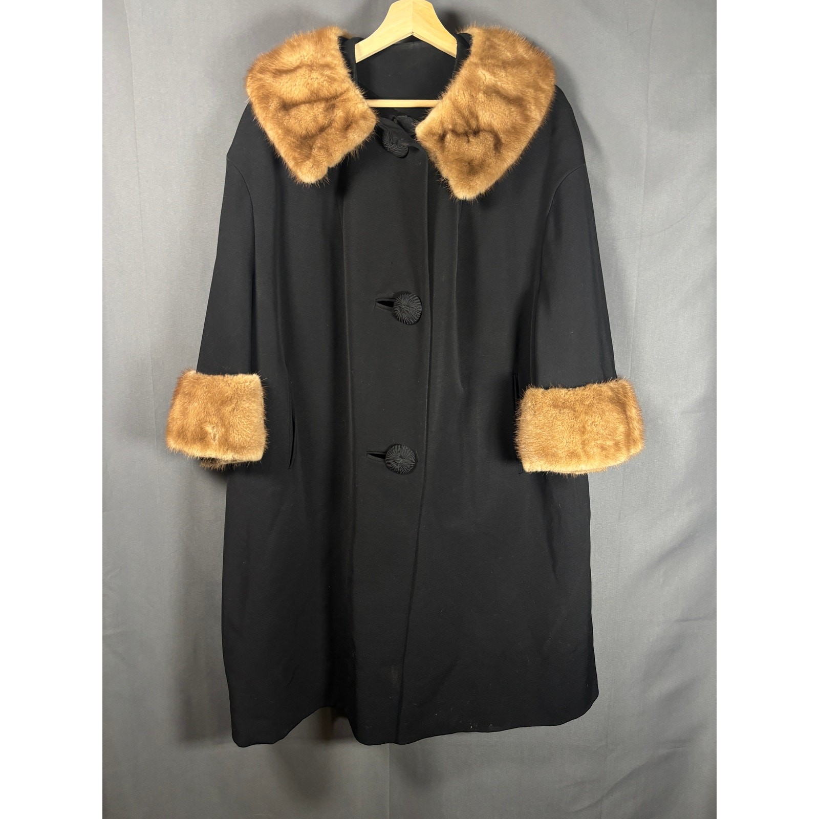 Vintage Saks Fifth Avenue Women's Black Long Coat with Brown Genuine Fur Trim Penny