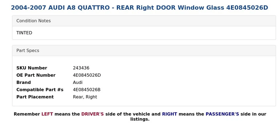 AUDI A8 QUATTRO 2004-2007 - PUERTA TRASERA DERECHA VENTANA CRISTAL 4E0845026D Foto 3 de 4