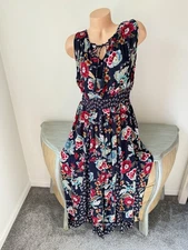 Bila Maxi Dress Women Xxl Floral Paisley Print Rayon Retro Crinkle Tie V 2X Navy
