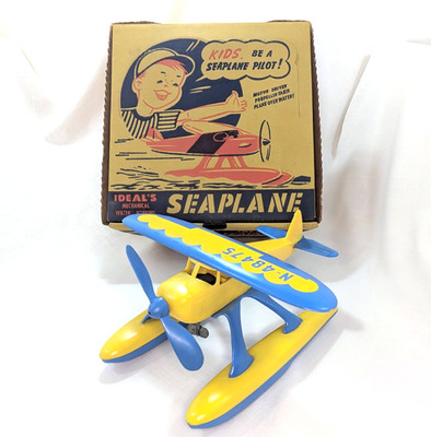 Vintage Ideal Mechanical Floating Seaplane Wind Up Spring Plane Toy Original Box
