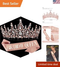 Birthday Queen Sash and Crown Set - Gold Rhinestone Tiara and Sash
