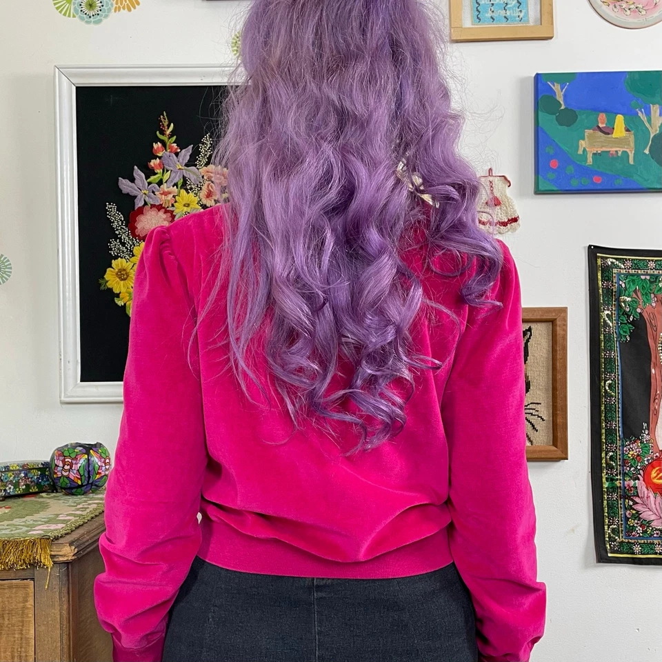 Chaqueta De Terciopelo Rosa Caliente De Colección, Sudadera Fucsia Cremallera Frontal Años 70, Talla S Foto 3 de 4