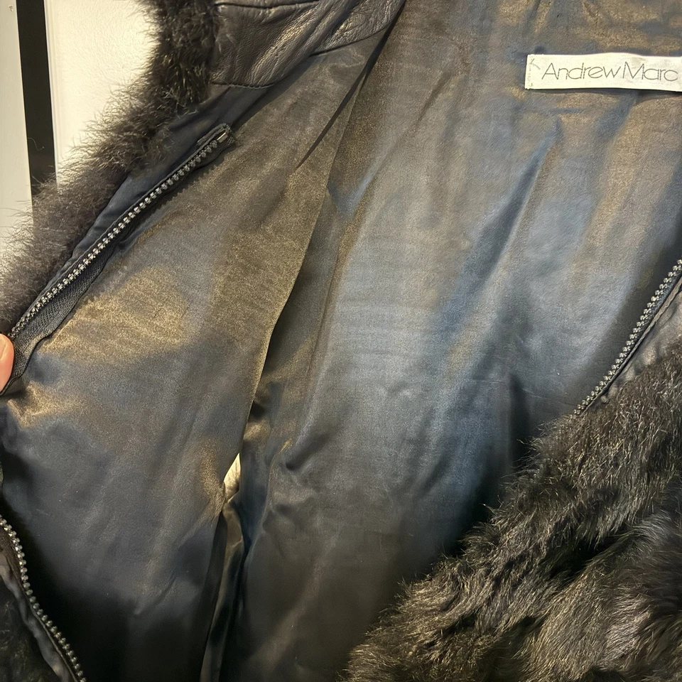 Women's Large Andrew Marc Opossum Fur Leather Collar Full Zip Up Vest Brown Vtg - Image 3 of 4