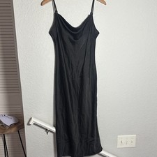 Express Black Midi Slip Dress Satin Large Sexy Drape Neck Slits Party