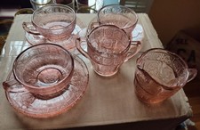 Set 9 Jeanette Pansy Pink Depression Glass Child Tea Cups, Saucers, Cream, Sugar