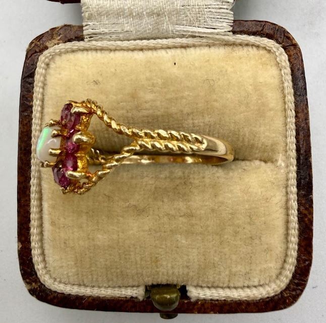 Vintage 9k Solid Yellow Gold Ruby Opal Flower Clu… - image 6