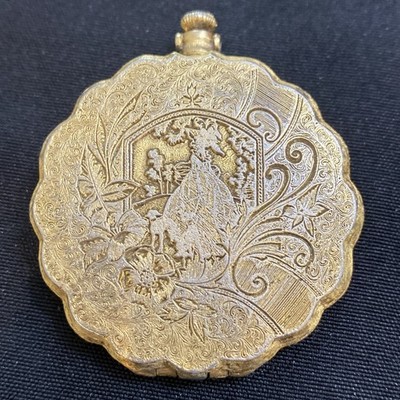 1960 Max Factor Gold Tone Pocket Watch-Style Powder Compact English Garden