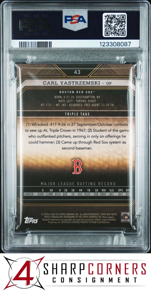 2016 TOPPS TRIPLE THREADS AMETHYST #43 CARL YASTRZEMSKI HOF #/340 POP 1 PSA 9 - Image 2 of 3