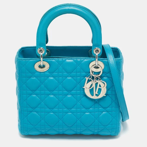 Sac fourre tout Dior bleu turquoise cannage cuir moyen Lady Dior