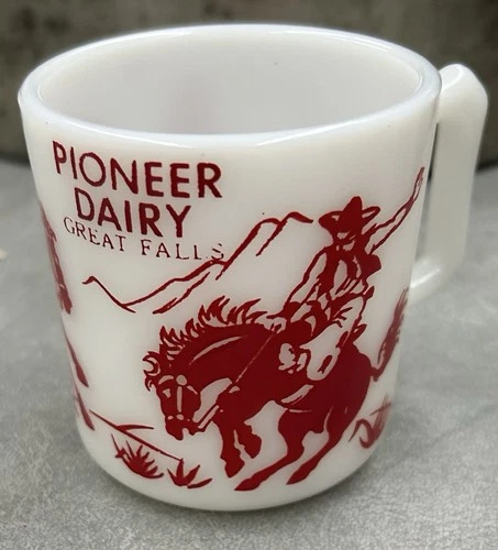 Vtg Hazel Atlas Milk Glass Red COWBOY Mug Cup Adv Pioneer Diary Great Falls MONT