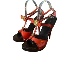 Louis Vuitton Patent Leather TStrap Stiletto Heels Sandals Orange EU 39.5 US 9.5
