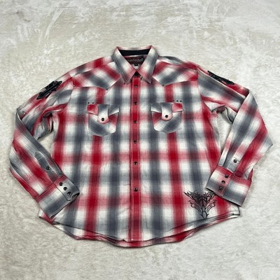 Rock&Roll Cowboy Shirt Mens XL Red Plaid Western Embroidered Back Snap Front