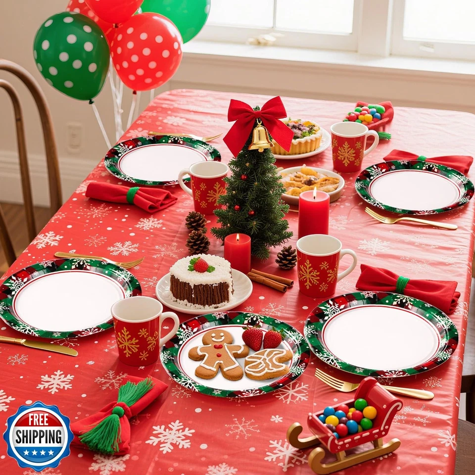 50 Pcs Christmas Buffalo Plaid Snowflake Paper Plates 9" Red and  - Image 2 of 4