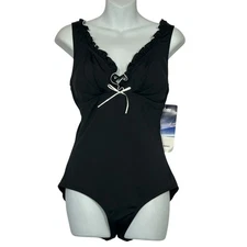 Gabar Ruffle Maillot Swimsuit Womens 12 Black Chlorine Resistant Coquette NWT