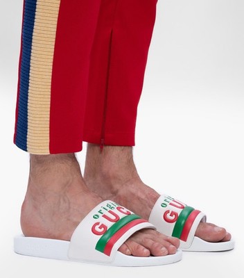 GUCCI SHOES MENS ORIGINAL WHITE LEATHER RUBBER SLIDE SANDAL w WEB