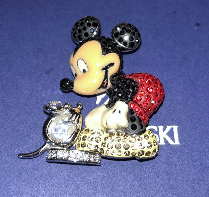 Signed Swarovski Disney Mickey Mouse Brooch Pin NEW Swan Logo Pave Crystal