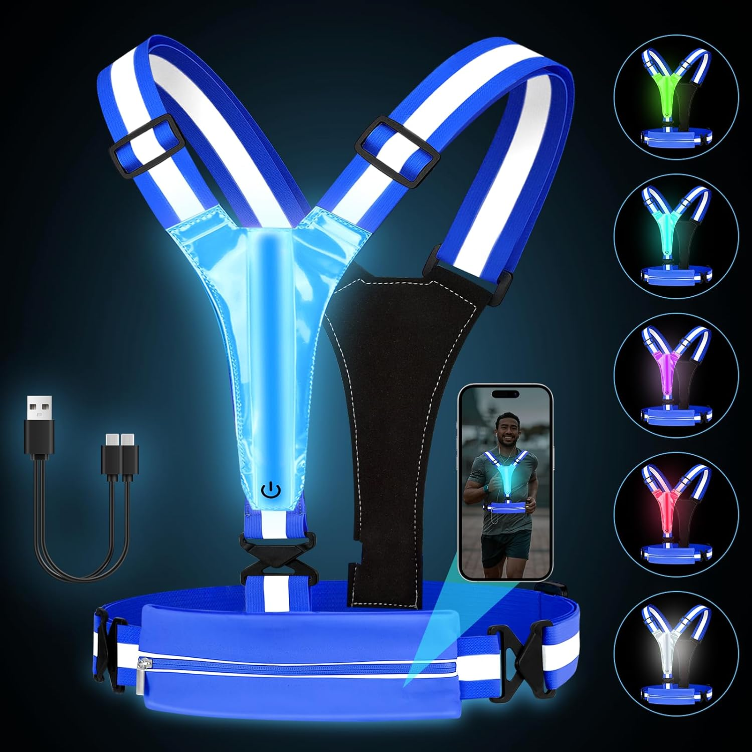 LED Reflective Running Vest with Phone Holder, 5 Colors Light up Running Vest Re