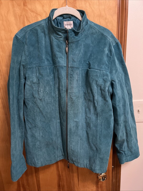 Chico's Women Jacket M Size 1 Blue Teal 100% Suede Leather Full Zip Vintage 