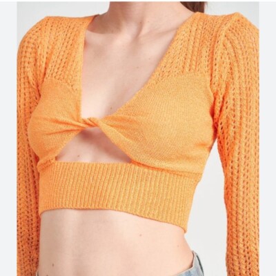 Emory Park Orange Crochet Knit Long Sleeve Crop Top Size Small