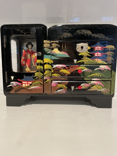 Antique Japanese Music Box With Spinning Geisha 9.5” x6.5”x4’”  Some scratches 