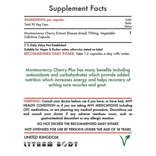 PURE Montmorency Cherry 750 mg per cap x 90 Active Nutrition - Gout - Vegan - Picture 2 of 6