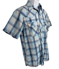 Vintage Wrangler Men's Blue Plaid Western Pearl Snap Short Sleeve Shirt Medium M