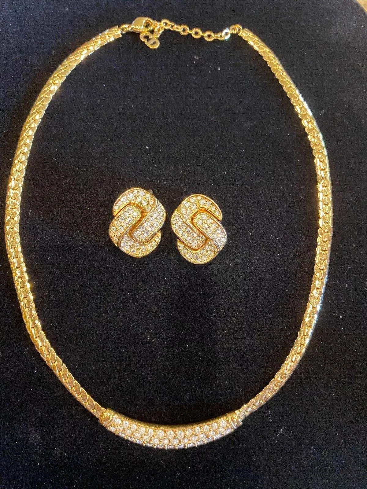 Ensemble collier et boucles d'oreilles vintage plaqué or cristal Christian Dior 