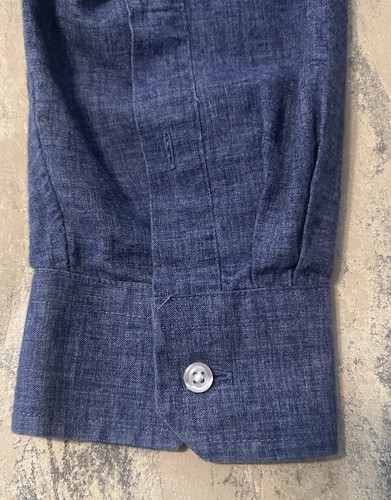 Lands End Linen Blend Patch Elbow Long Sleeve Band Collar Shirt Size 17x34 Blue - Picture 4 of 17