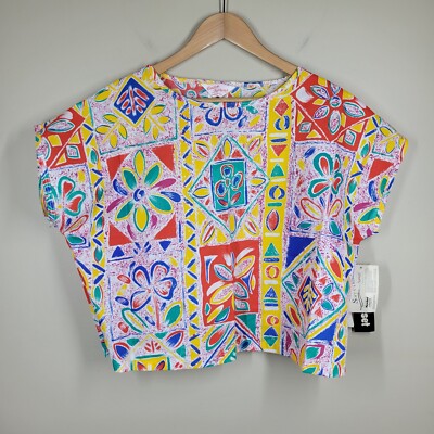 NWT Vintage Deadstock Carlton Fashions Colorful Floral Geometric Crop Top 38 USA