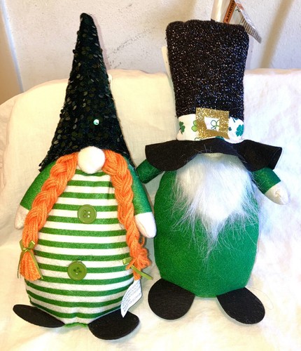 2 Gnomes Him and Hers Sequins Green orange 14" Shelf Sitters ST. PATRICK'S DAY