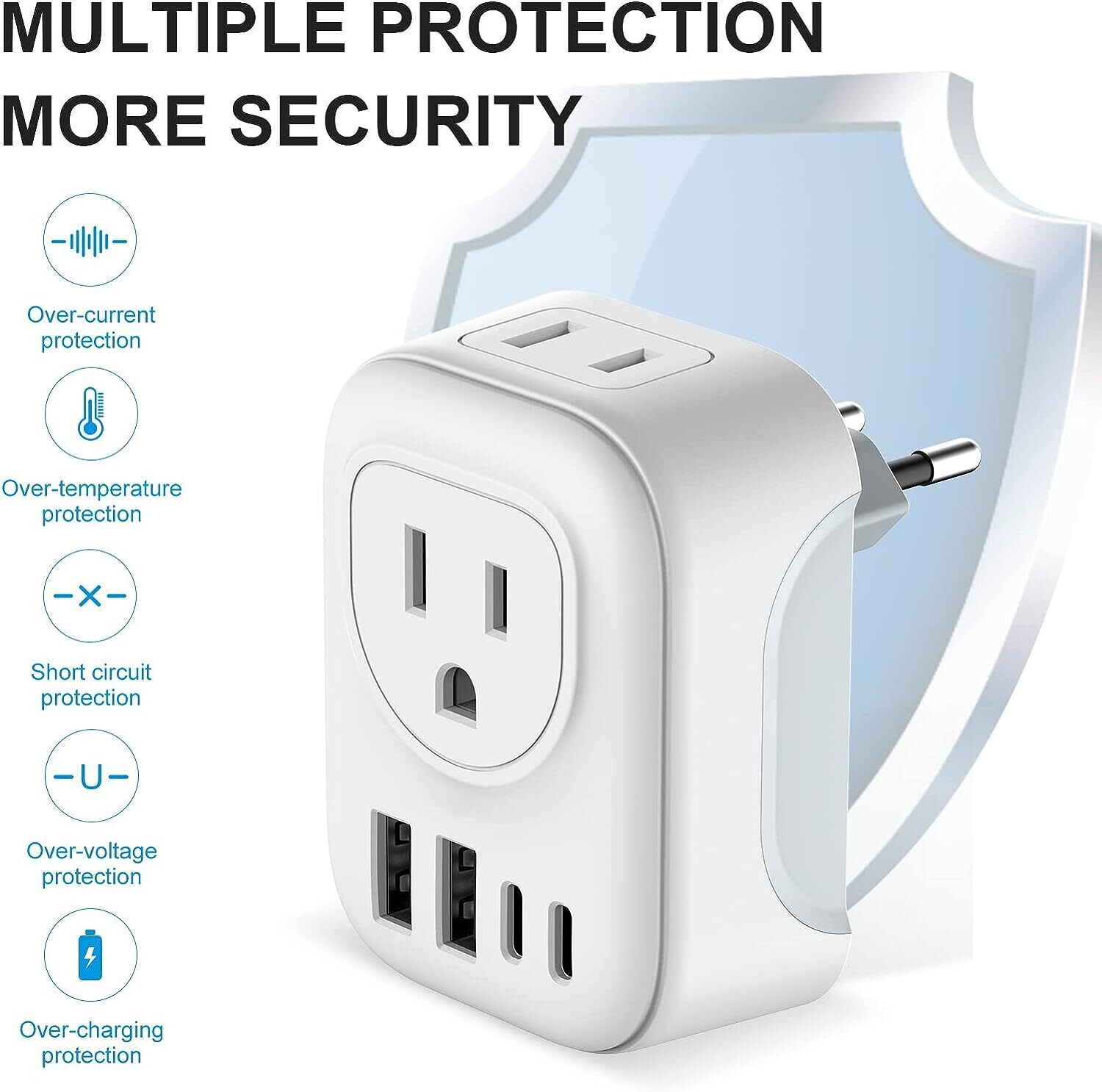 International Travel Plug Adapter with 4 AC Outlets & 2 USB Ports, Type C Power 