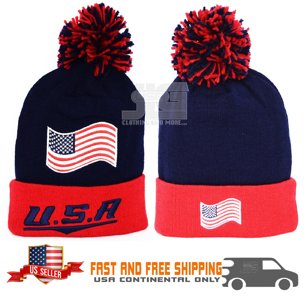 USA Beanie hat Flag Embroidered LOG Toque Pom Navy Red Cuffed Skull winter Hat
Opens in a new window