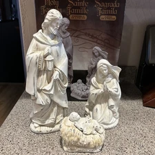 Holy Family Nativity Figurine 4Pc Porcelain Set Joseph Mary Baby Jesus in Manger