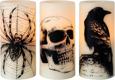 Halloween LED Flameless Flickering Candles Skull Spider Web Crow Decals, 3 Pack
