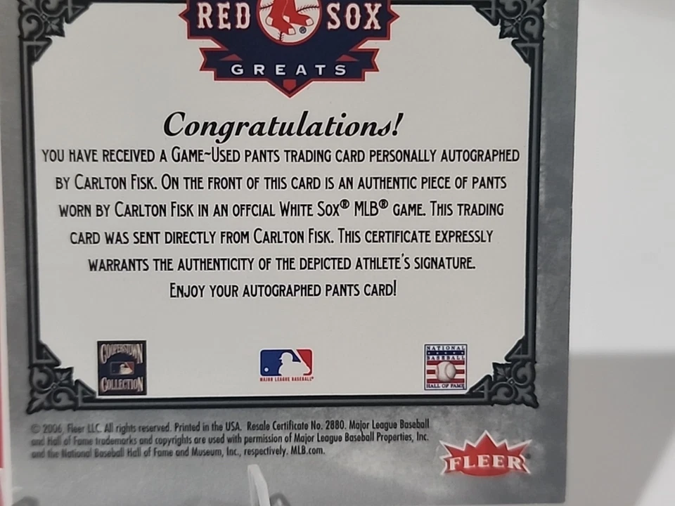 2006 Fleer Greats of the Game  Carlton Fisk Patch Auto w Inscription /30 Red Sox - Image 4 of 4
