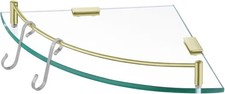 KES Glass Corner Shower Shelf 25cm Tempered Glass w/Rail Hooks Brushed Gold
