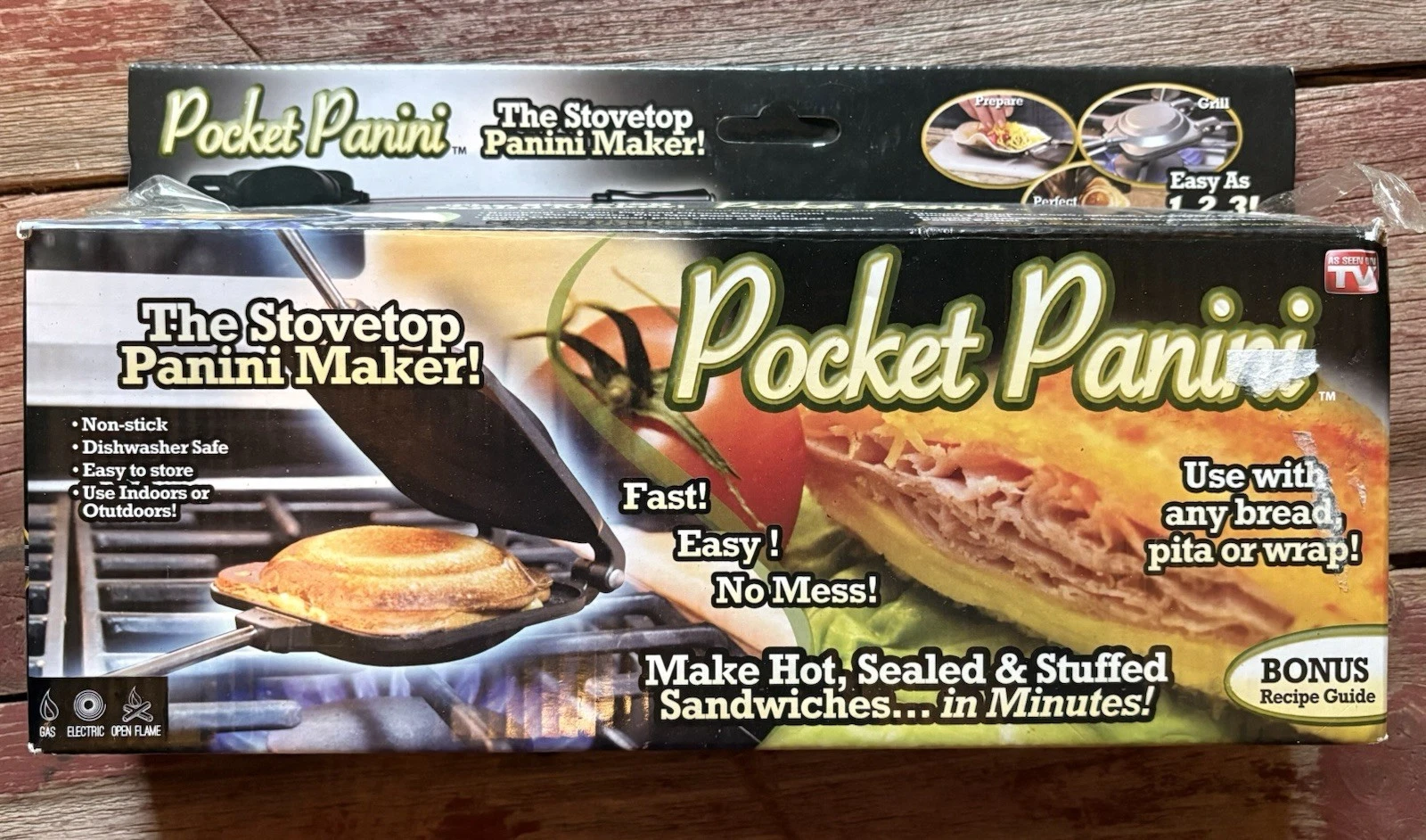 Pocket Panini Stovetop Panini Maker Non-Stick Dishwasher Safe Black Grill
Opens in a new window or t
