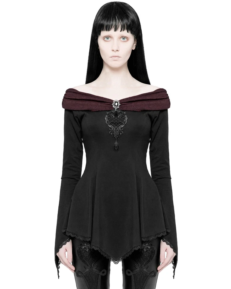 Punk Rave Womens Gothic Top Black Red Lace Steampunk VTG Victorian Long Sleeve - Image 4 of 4