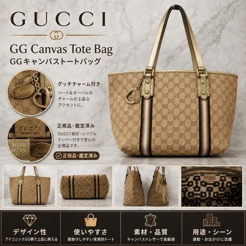 Gucci GG Canvas Tote Bag Charm Shoulder Handbag Brown
