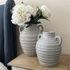 Image of Grey Ribbed Ceramic Vase Set of 2 with Handles – 20cm & 24cm Rustic Home Decor