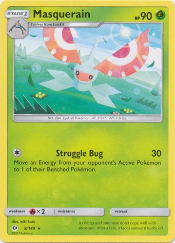 Masquerain - 8/149 - Rare (Damaged) Sun and Moon Base Set - Grass Pokémon